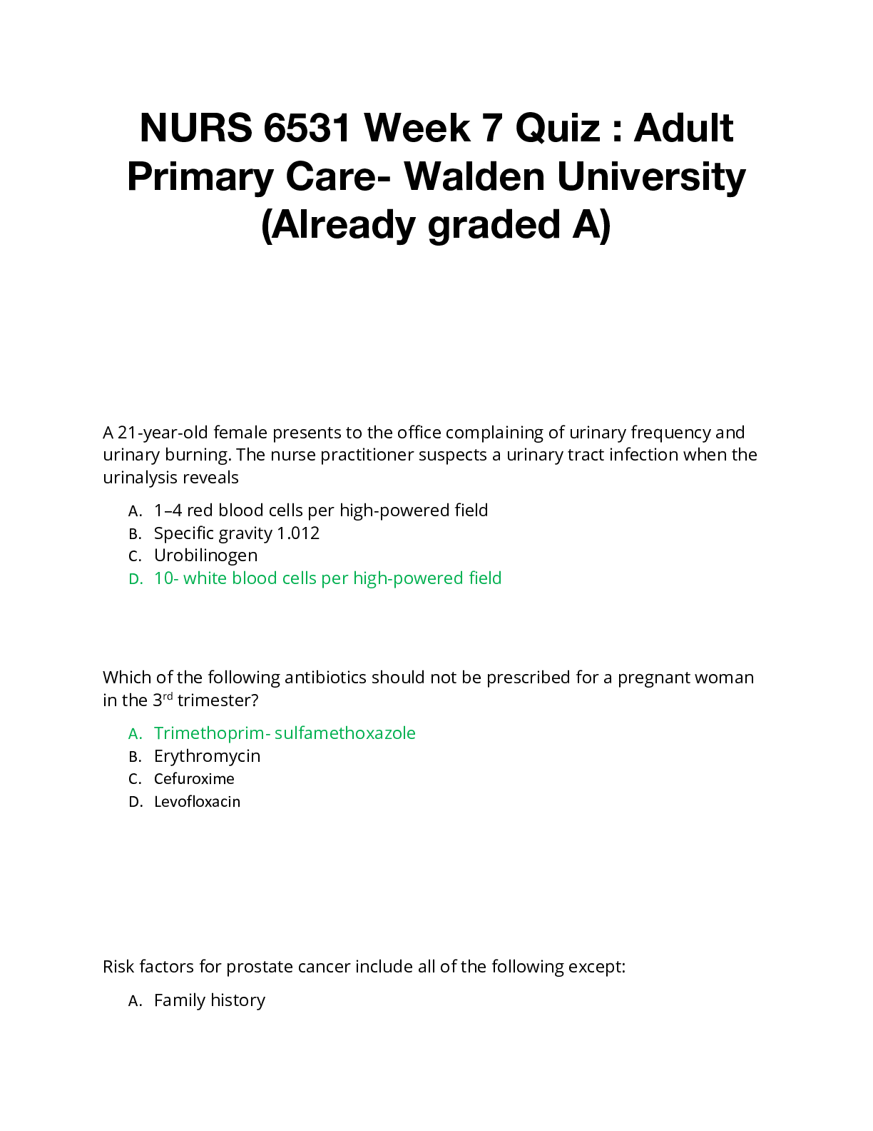 NURS 6531 Week 7 Quiz : Adult Primary Care- Walden University